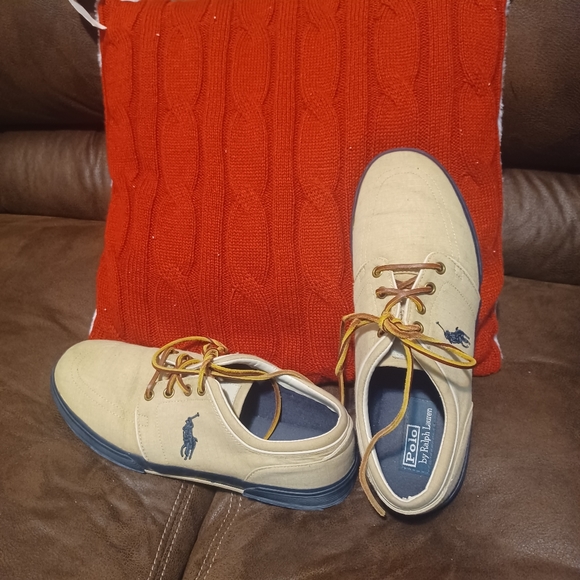 Ralph Lauren Faxon Low-Top Canvas Sneakers, size 11D, tan, navy - Picture 2 of 13